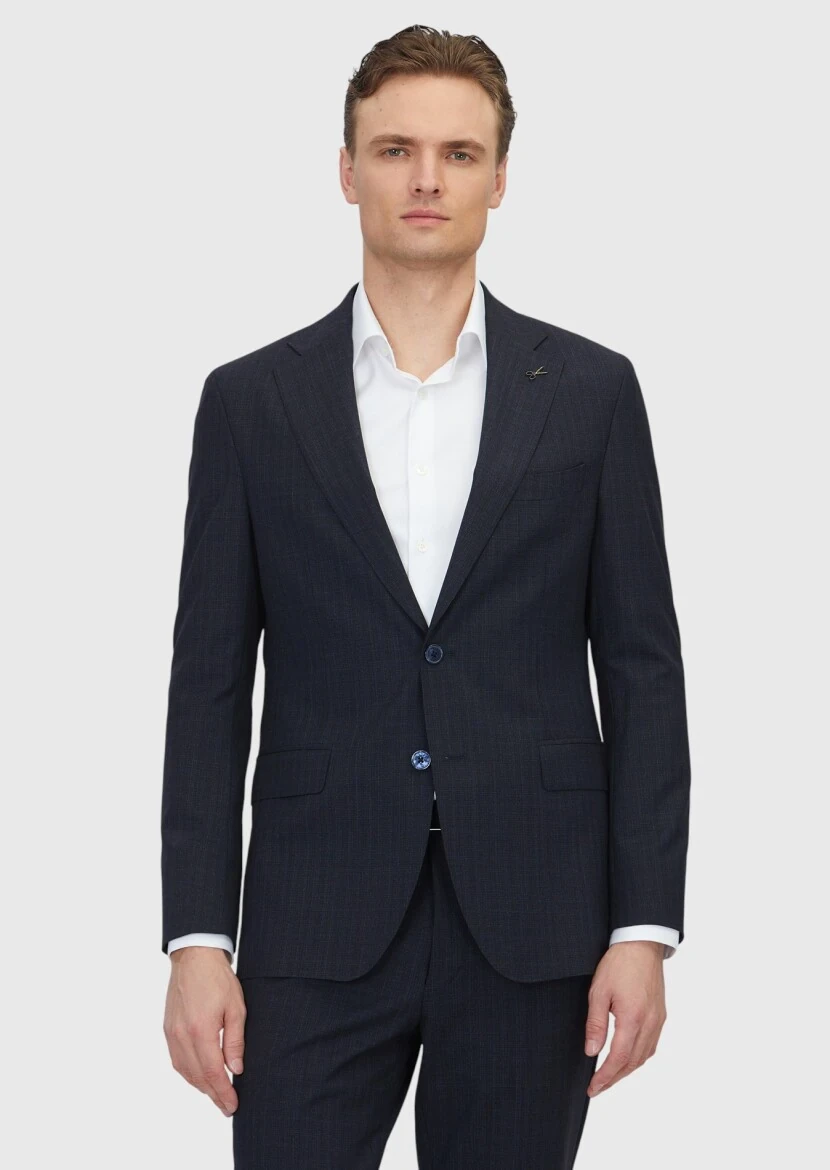 Dark Navyblue Patterned Zeroweight Slim Fit 100% Wool Suit - RAMSEY