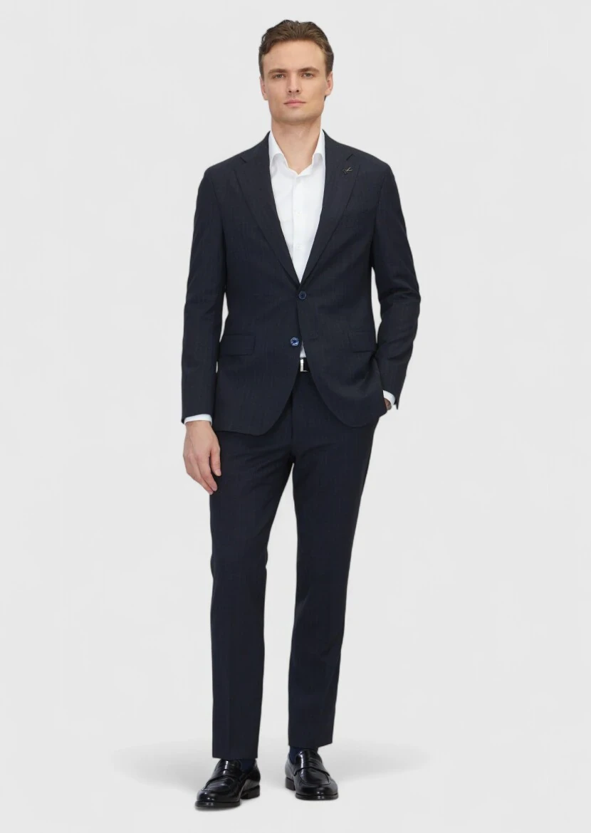Dark Navyblue Patterned Zeroweight Slim Fit 100% Wool Suit - RAMSEY