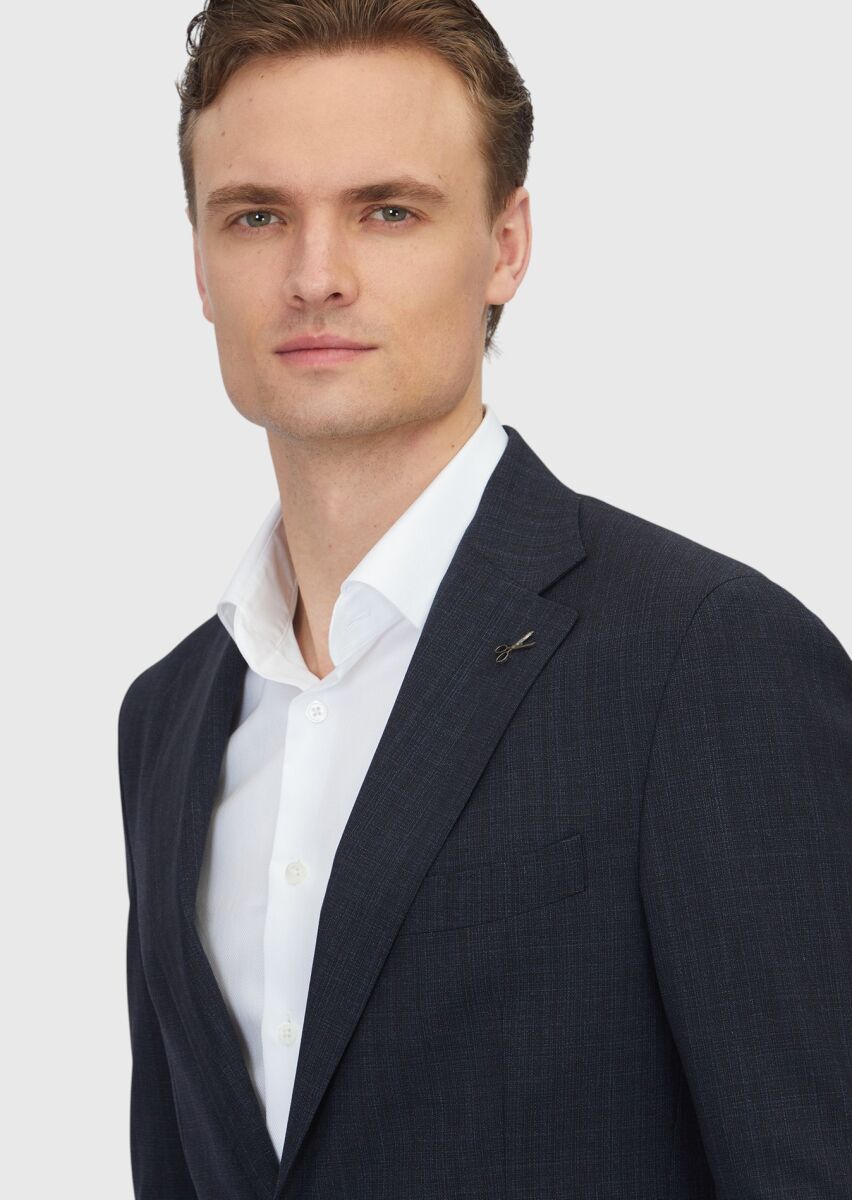 Dark Navyblue Patterned Zeroweight Slim Fit 100% Wool Suit - 3