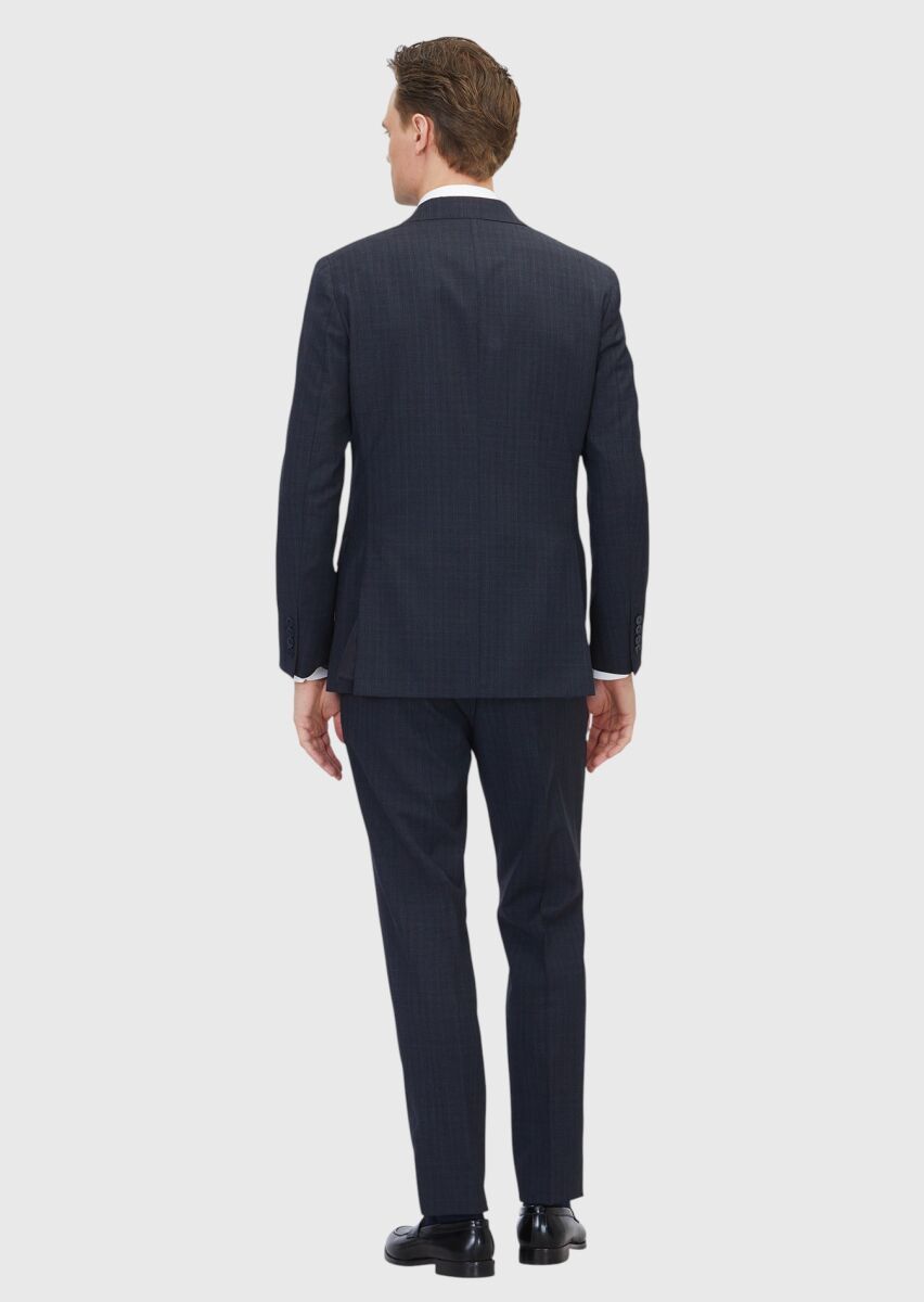 Dark Navyblue Patterned Zeroweight Slim Fit 100% Wool Suit - 6