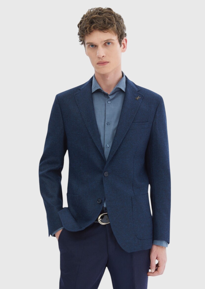 Dark Navyblue Plain Shirt Shoulder Slim Fit 100% Wool Jacket - RAMSEY