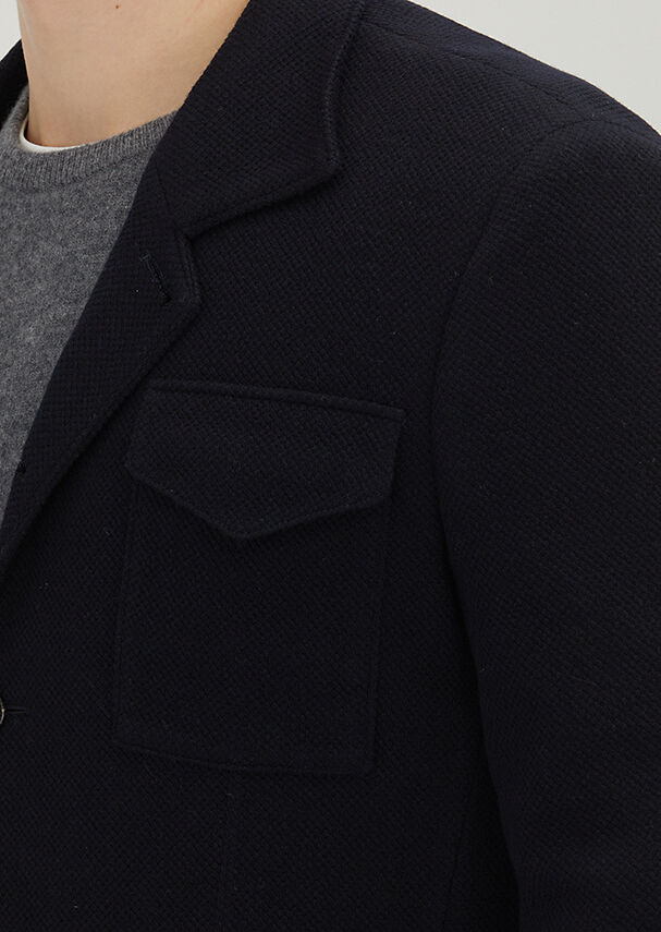 Dark Navyblue Plain Shirt Shoulder Slim Fit Wool Blended Jacket - 3