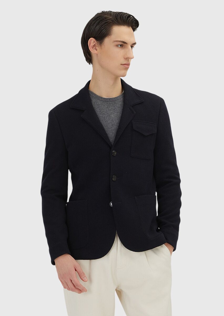 Dark Navyblue Plain Shirt Shoulder Slim Fit Wool Blended Jacket - 1