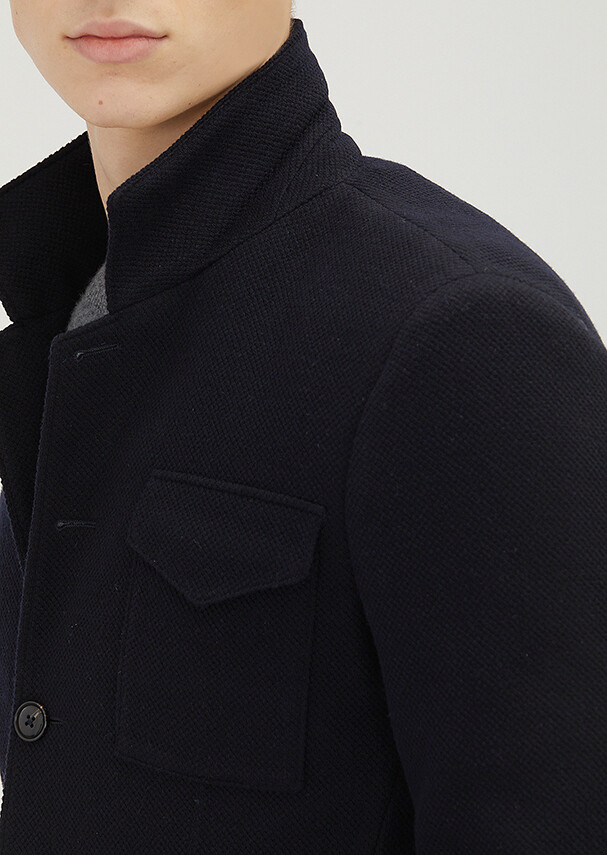 Dark Navyblue Plain Shirt Shoulder Slim Fit Wool Blended Jacket - 5