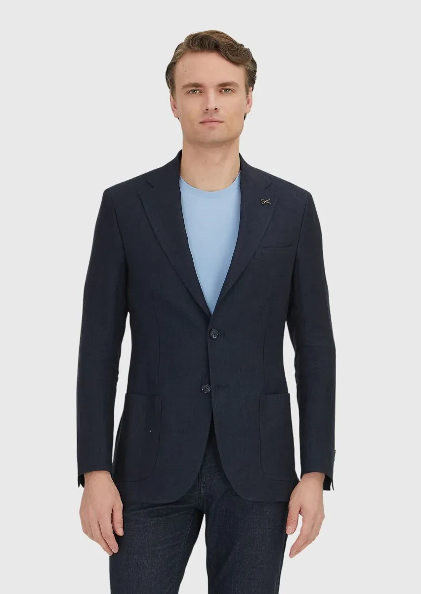 Dark Navyblue Plain Zeroweight Slim Fit 100% Linen Jacket - 1