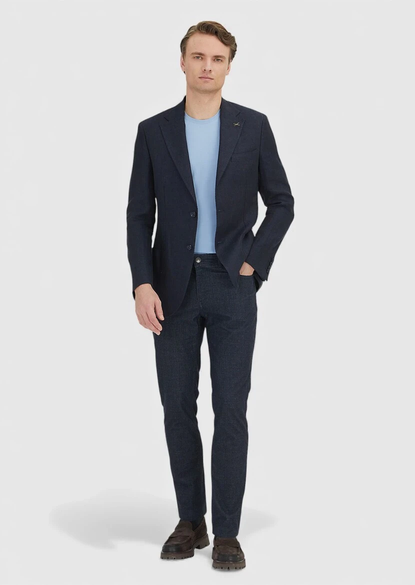 Dark Navyblue Plain Zeroweight Slim Fit 100% Linen Jacket - RAMSEY