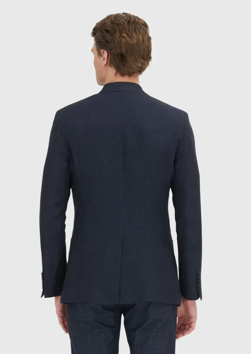 Dark Navyblue Plain Zeroweight Slim Fit 100% Linen Jacket - 4