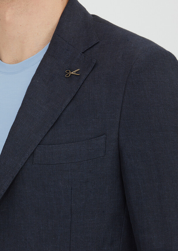 Dark Navyblue Plain Zeroweight Slim Fit 100% Linen Jacket - 3