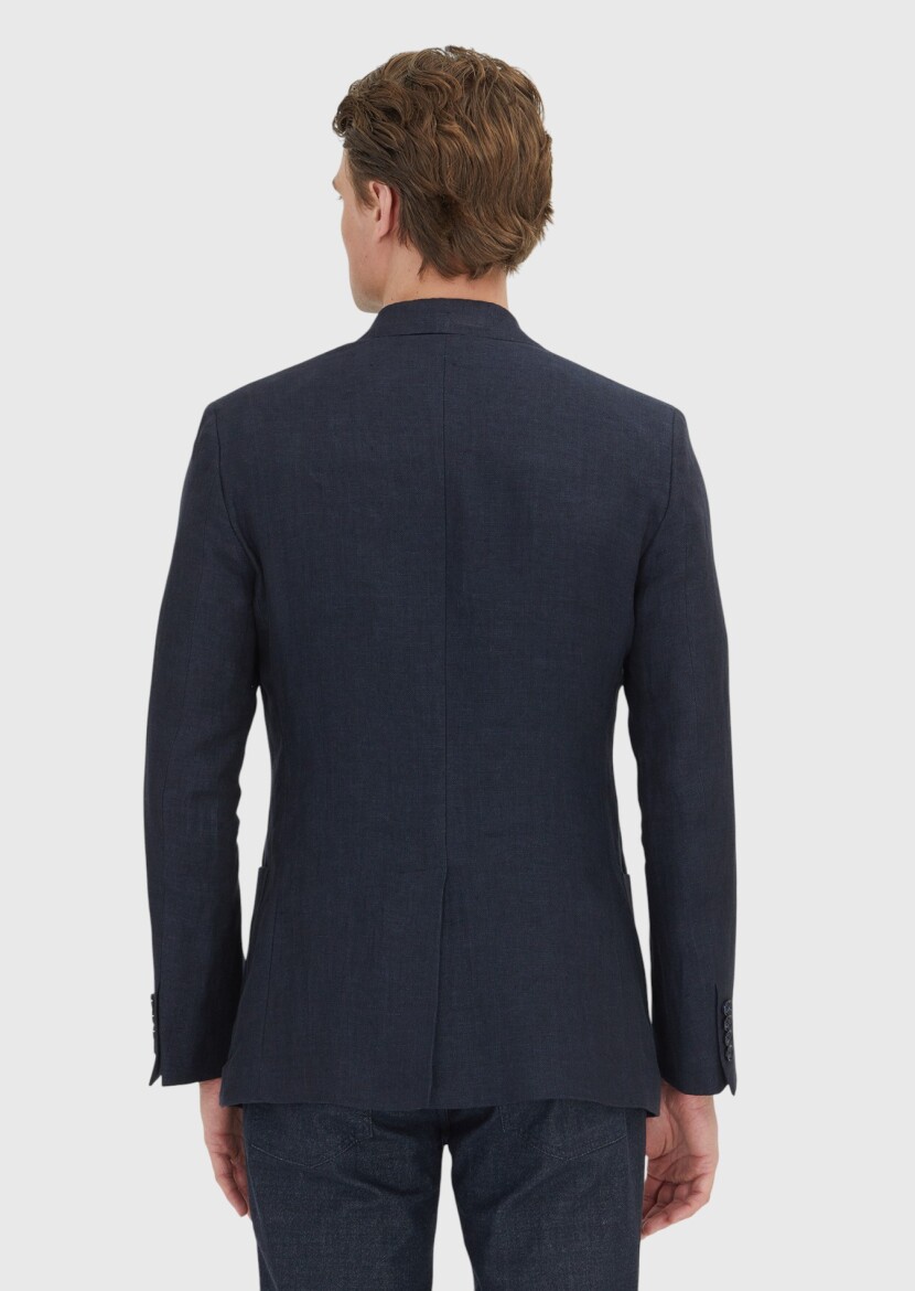 Dark Navyblue Plain Zeroweight Slim Fit 100% Linen Jacket - 4