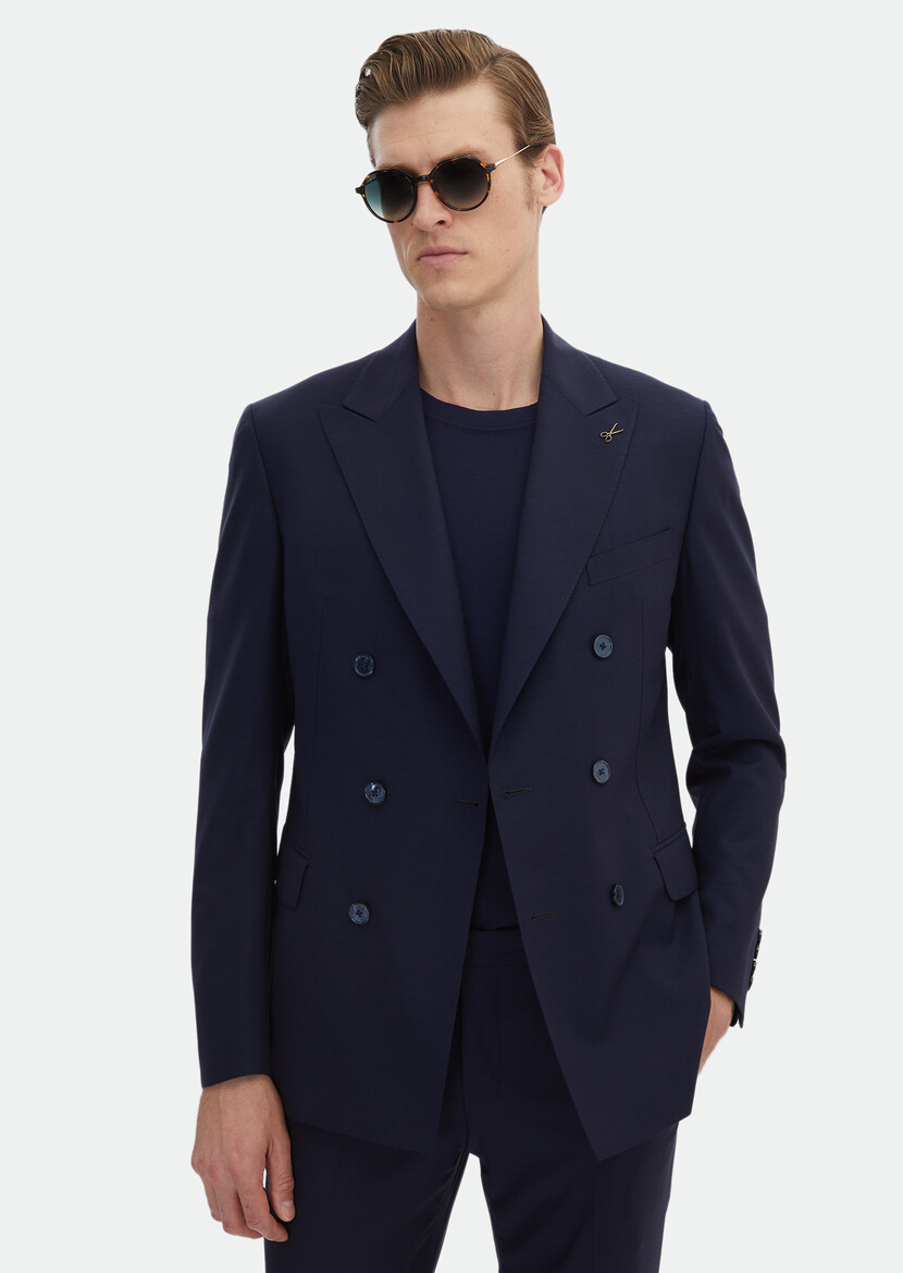 Dark Navyblue Plain Zeroweight Slim Fit 100% Wool Suit - 5