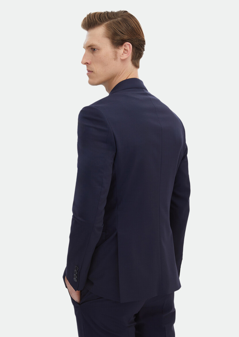 Dark Navyblue Plain Zeroweight Slim Fit 100% Wool Suit - 9