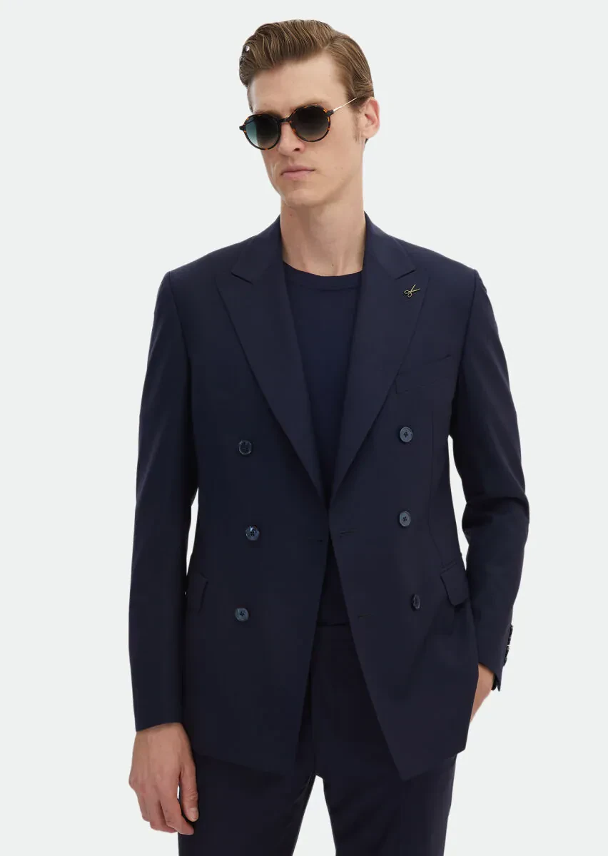 Dark Navyblue Plain Zeroweight Slim Fit 100% Wool Suit - 5