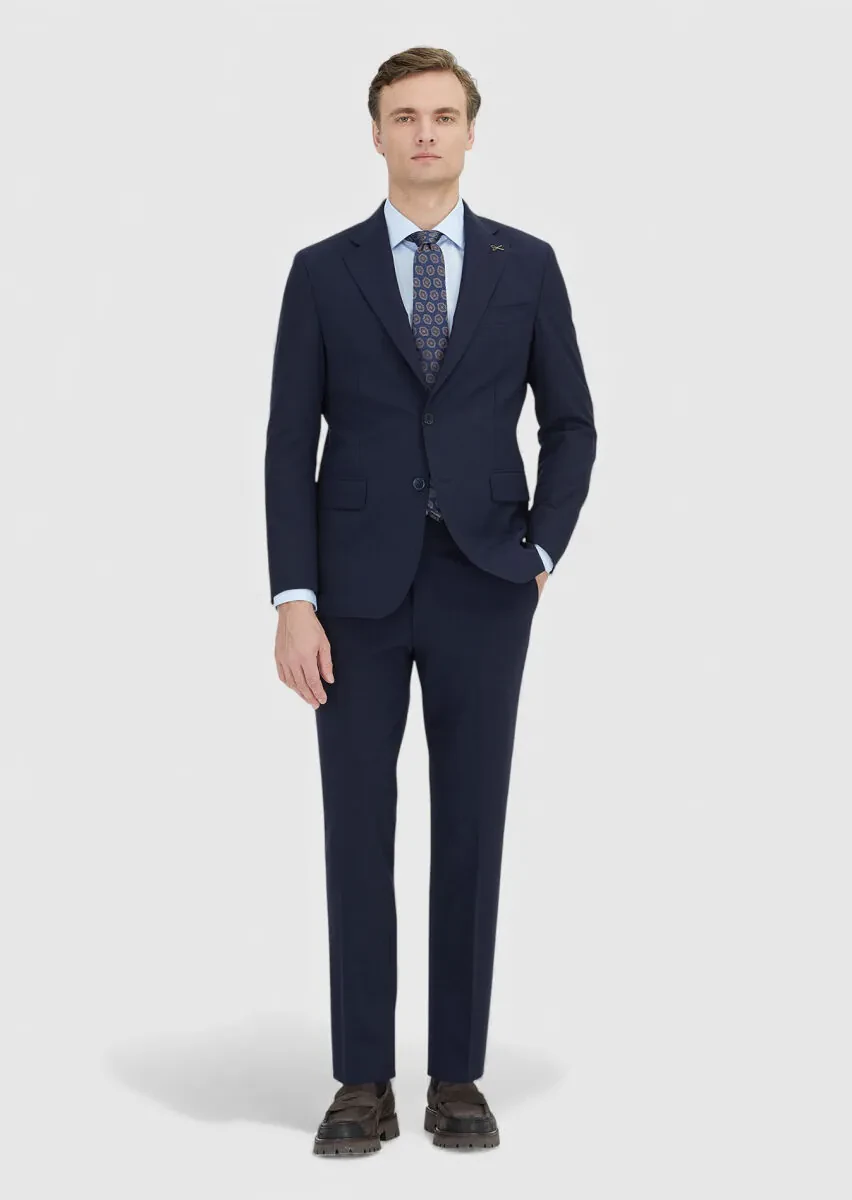 Dark Navyblue Plain Zeroweight Slim Fit Wool Blended Suit - 1
