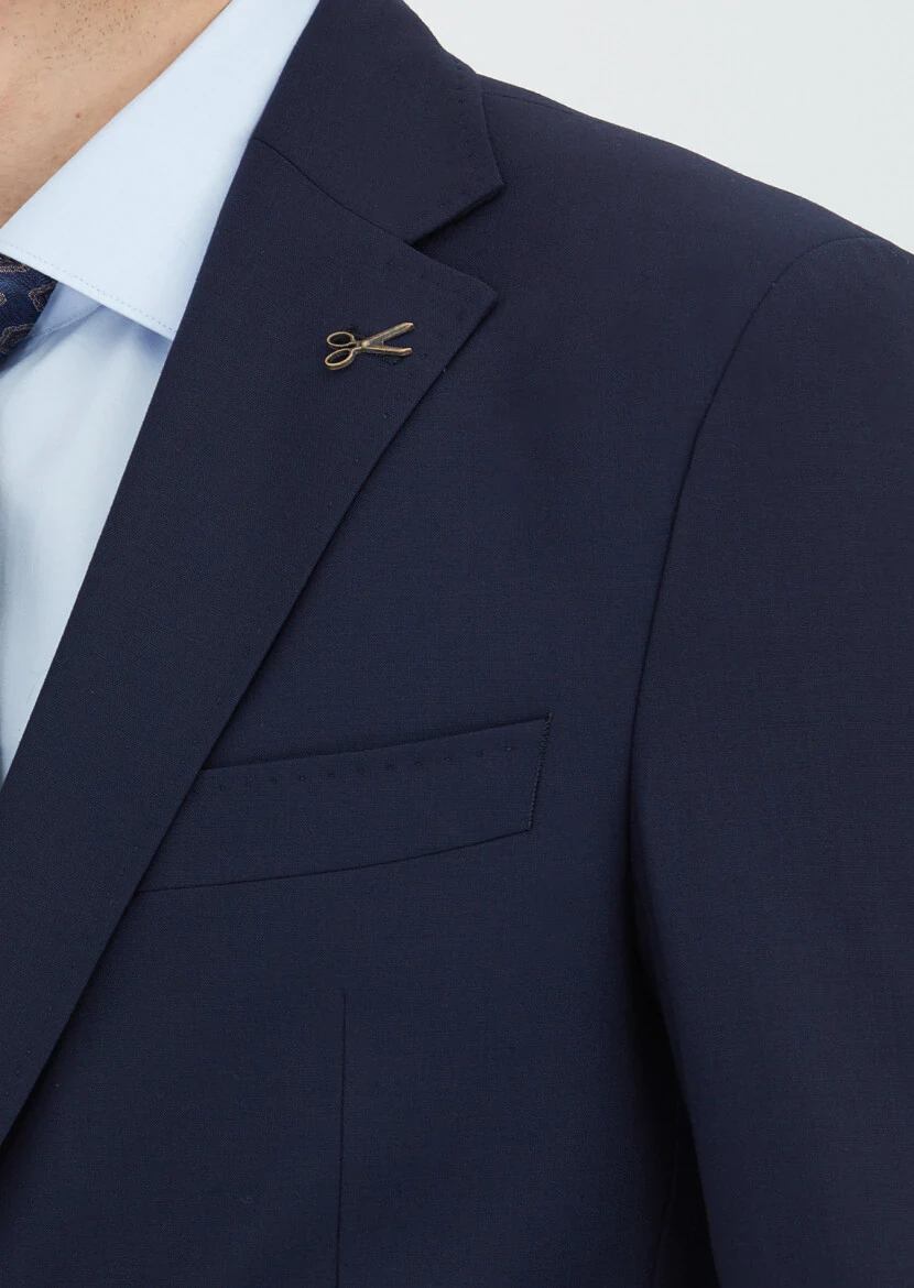 Dark Navyblue Plain Zeroweight Slim Fit Wool Blended Suit - 3