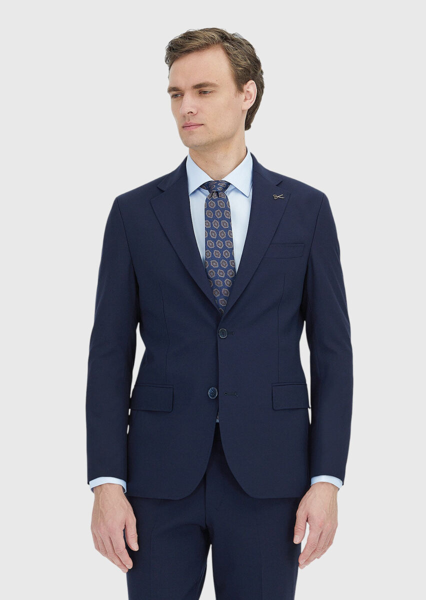 Dark Navyblue Plain Zeroweight Slim Fit Wool Blended Suit - 2
