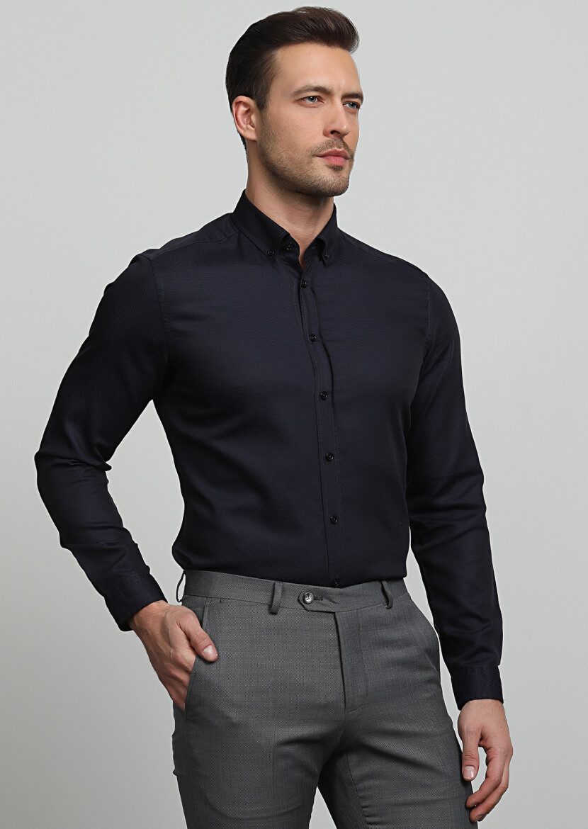 Dark Navyblue Regular Fit Long Weaving Casual 100% Cotton Shirt - 1
