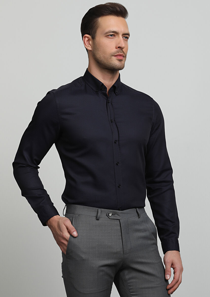 Dark Navyblue Regular Fit Long Weaving Casual 100% Cotton Shirt - 1