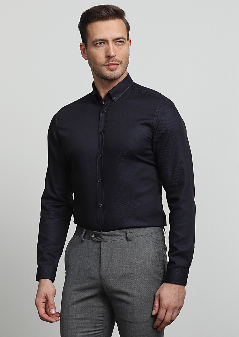Dark Navyblue Regular Fit Long Weaving Casual 100% Cotton Shirt - 3