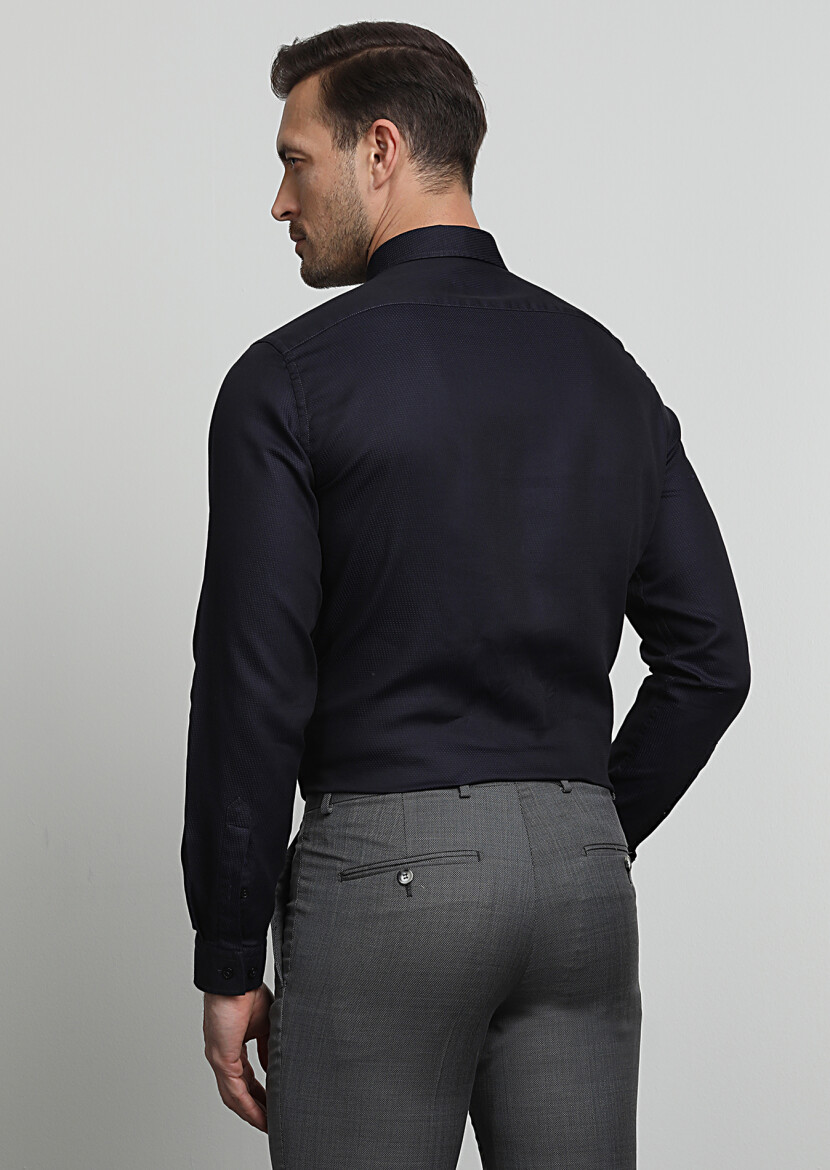 Dark Navyblue Regular Fit Long Weaving Casual 100% Cotton Shirt - 4
