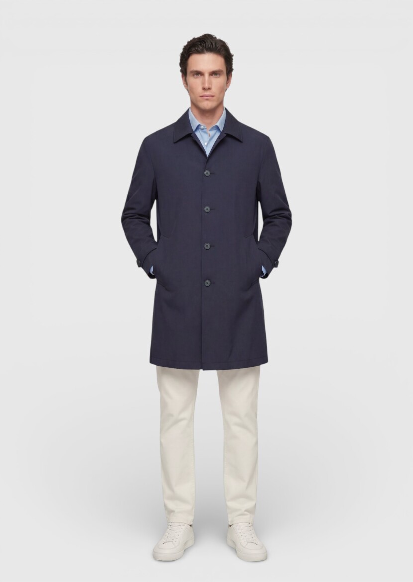 Dark Navyblue Regular Fit Shirt Collar Casual Technical Rain Coat - RAMSEY