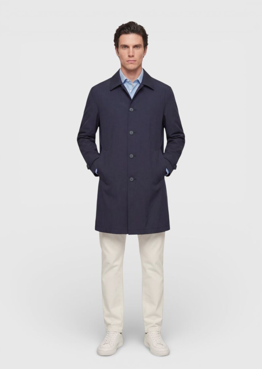 Dark Navyblue Regular Fit Shirt Collar Casual Technical Rain Coat - 2