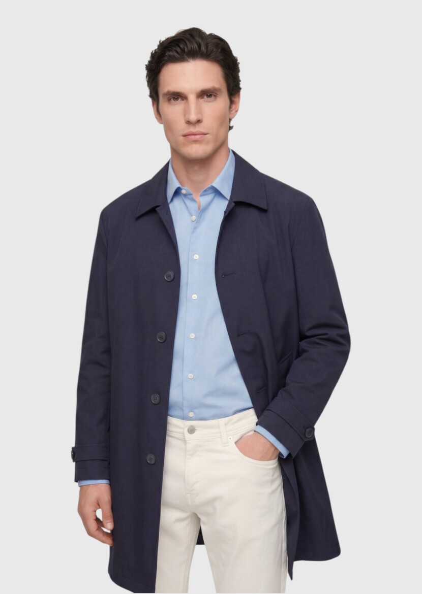 Dark Navyblue Regular Fit Shirt Collar Casual Technical Rain Coat - 3