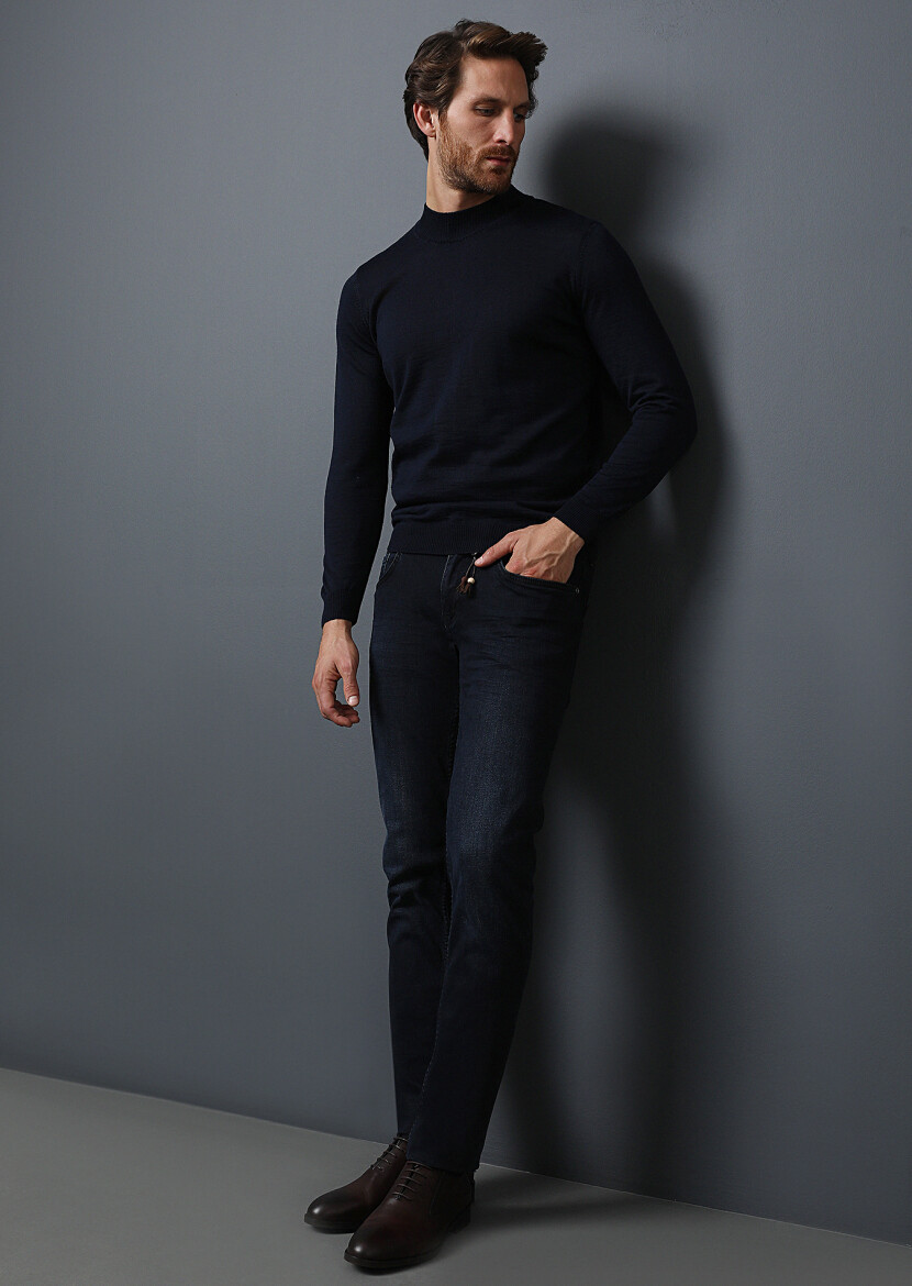 Dark Navyblue Slim Fit Denim Cotton Blended Trousers - 1