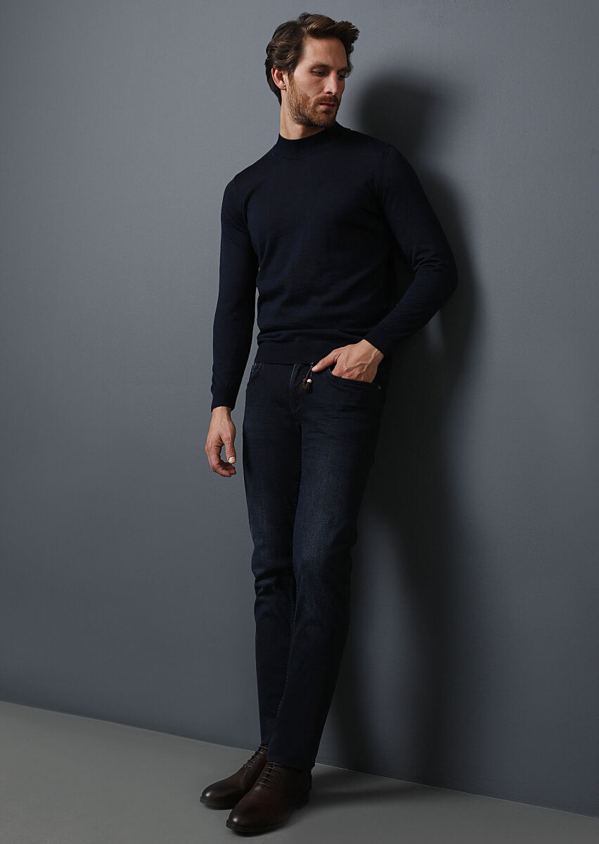 Dark Navyblue Slim Fit Denim Cotton Blended Trousers - 1
