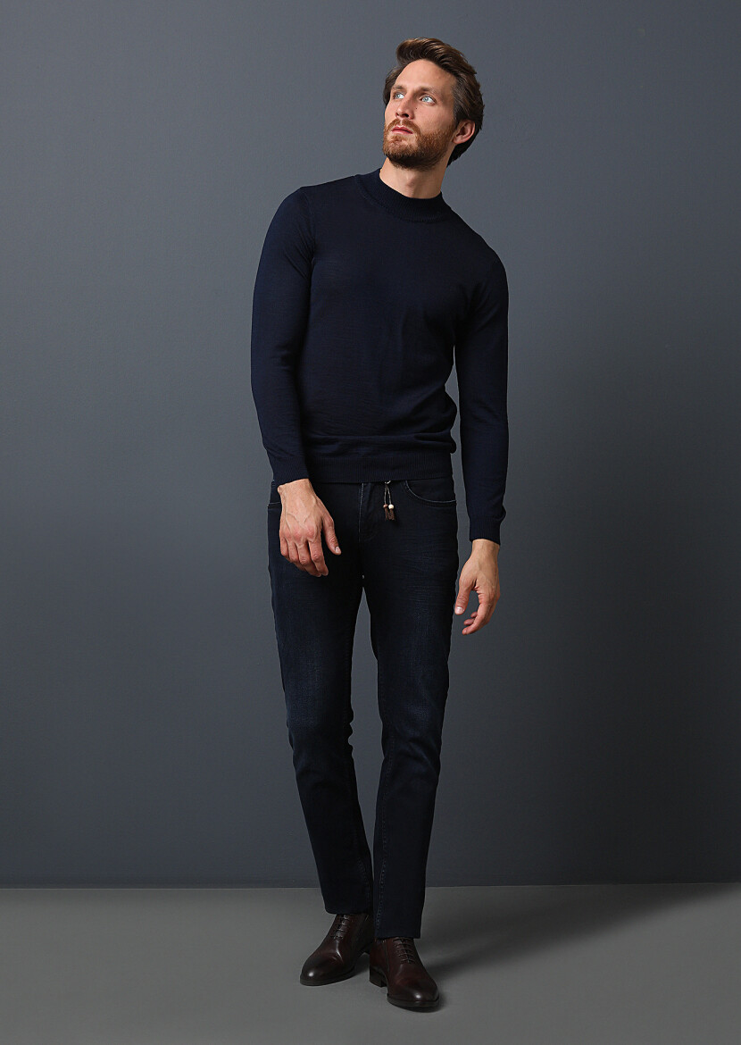 Dark Navyblue Slim Fit Denim Cotton Blended Trousers - 2