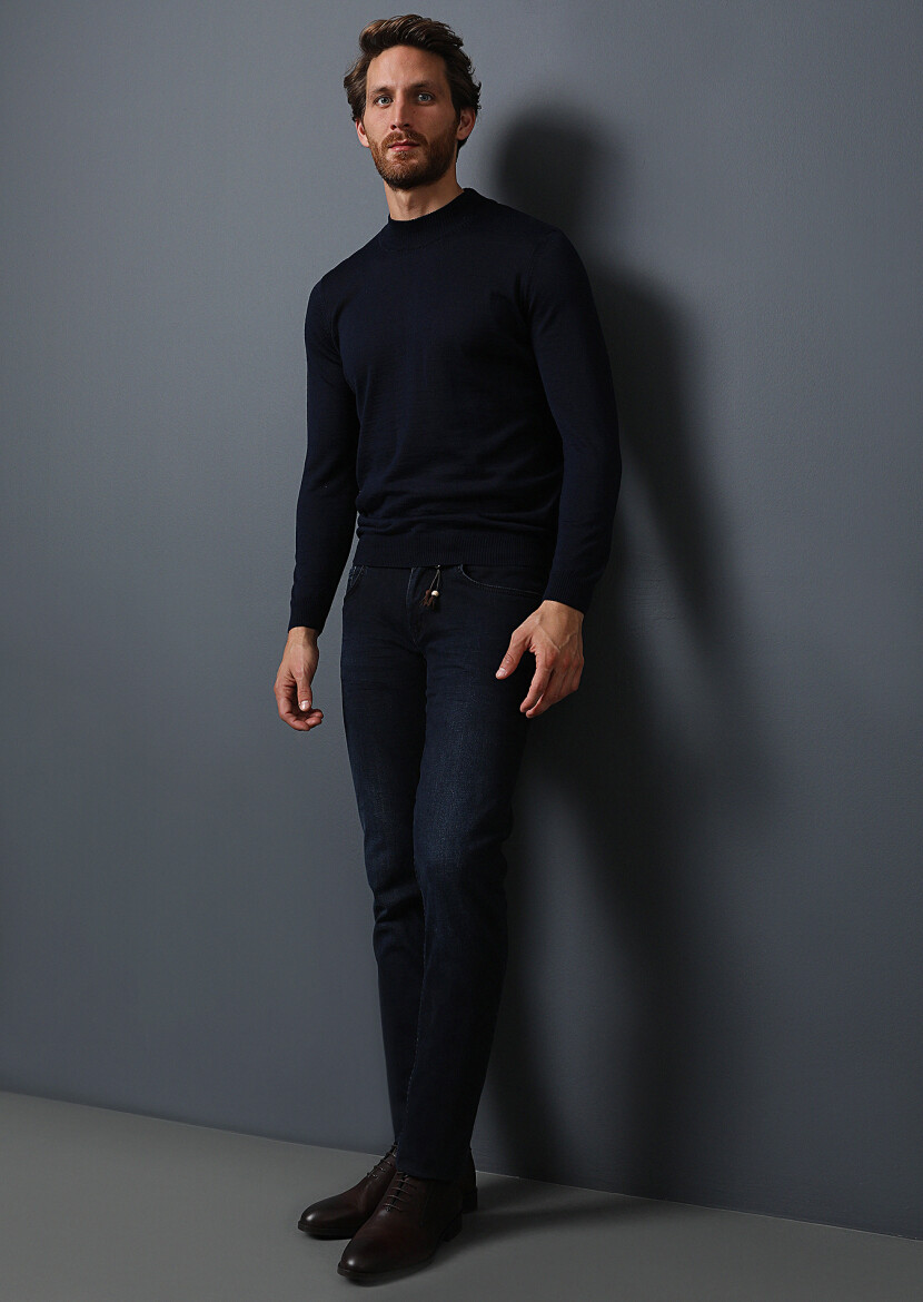 Dark Navyblue Slim Fit Denim Cotton Blended Trousers - 4