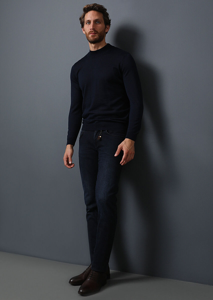 Dark Navyblue Slim Fit Denim Cotton Blended Trousers - 4
