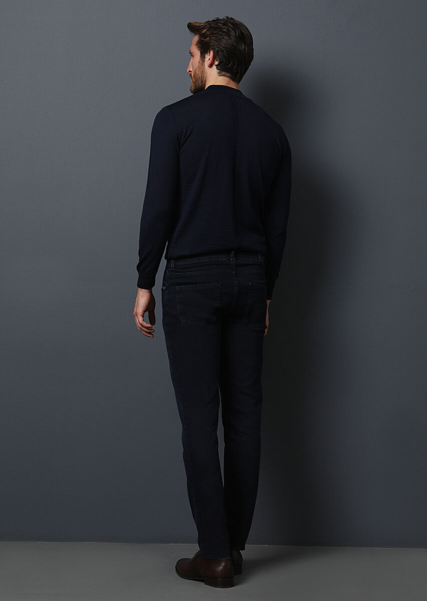 Dark Navyblue Slim Fit Denim Cotton Blended Trousers - 5