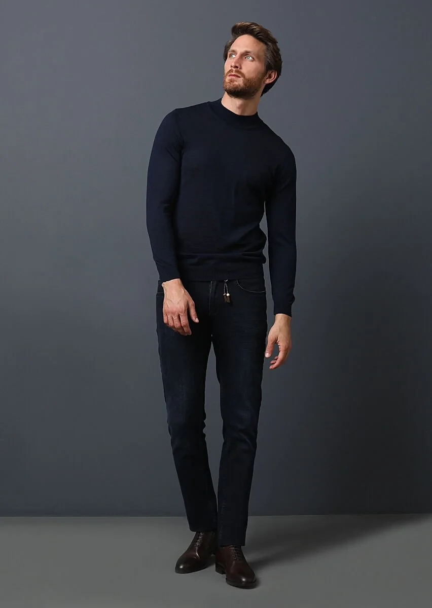 Dark Navyblue Slim Fit Denim Cotton Blended Trousers - 2