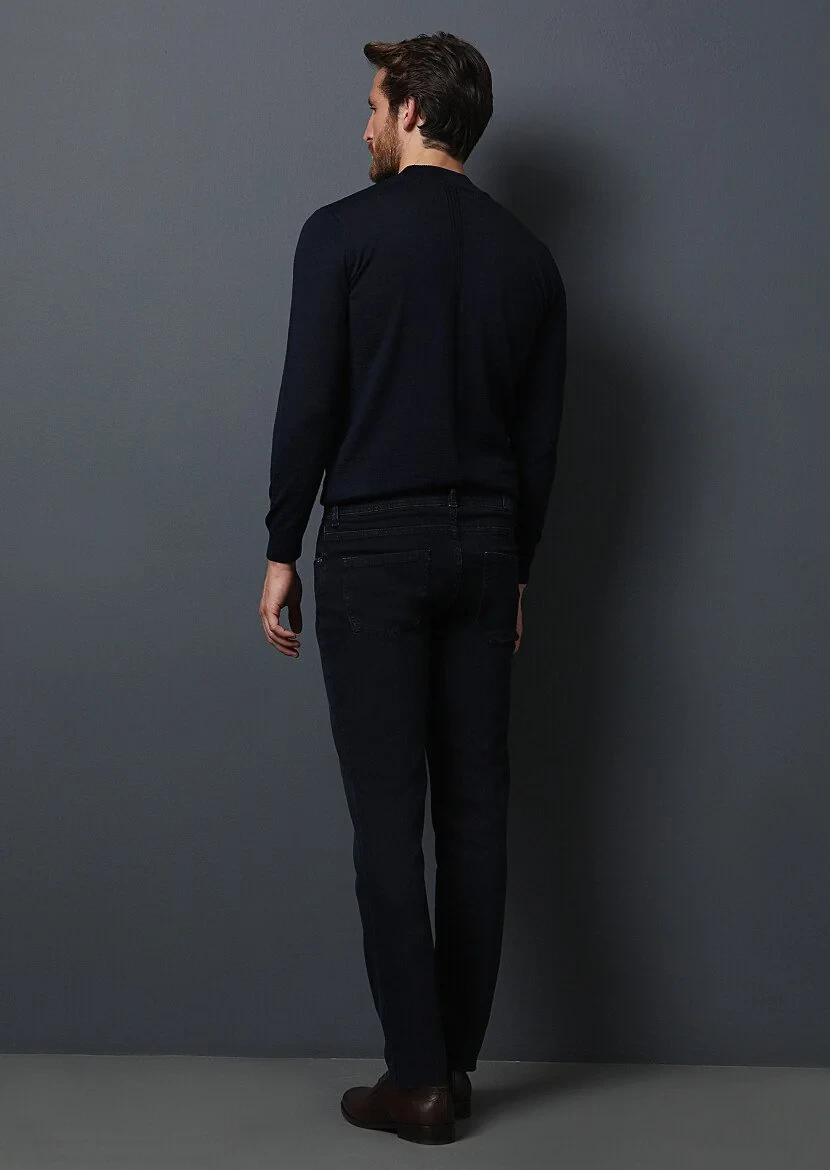 Dark Navyblue Slim Fit Denim Cotton Blended Trousers - 5
