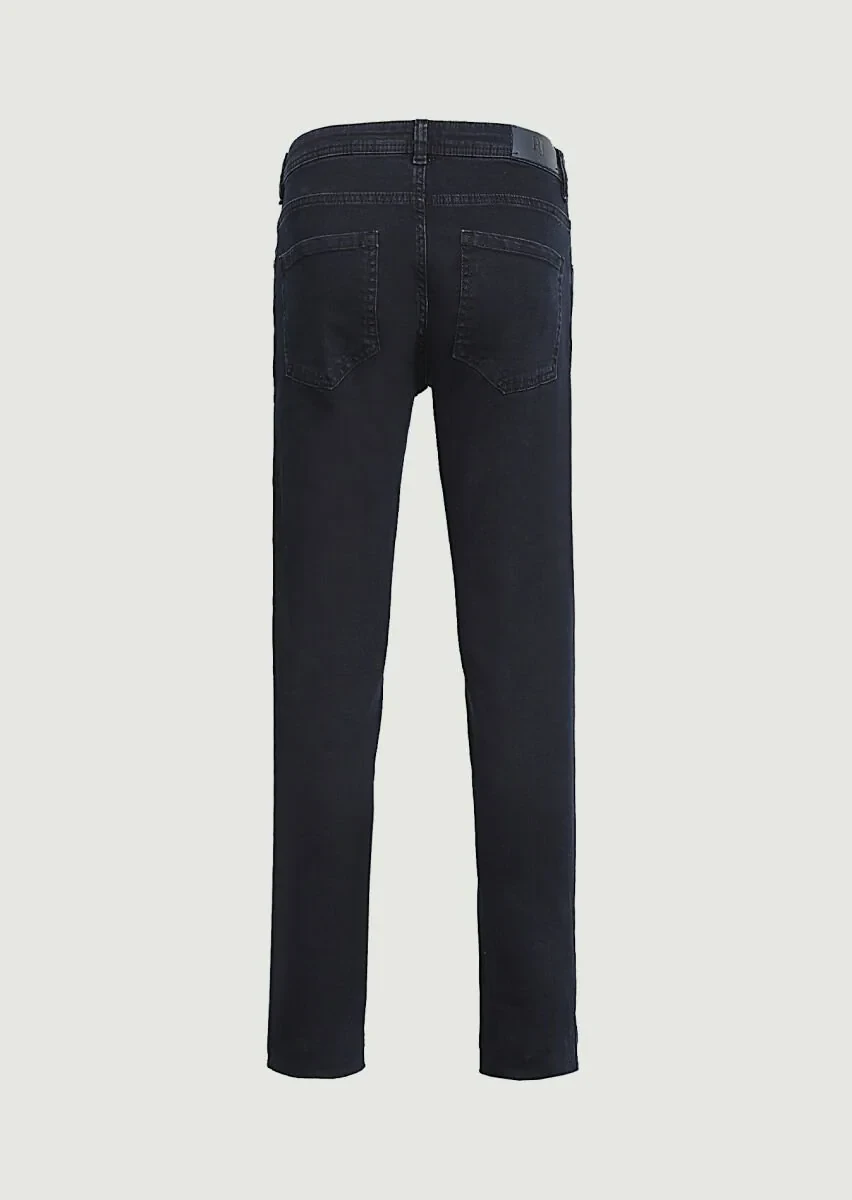 Dark Navyblue Slim Fit Denim Cotton Blended Trousers - 7