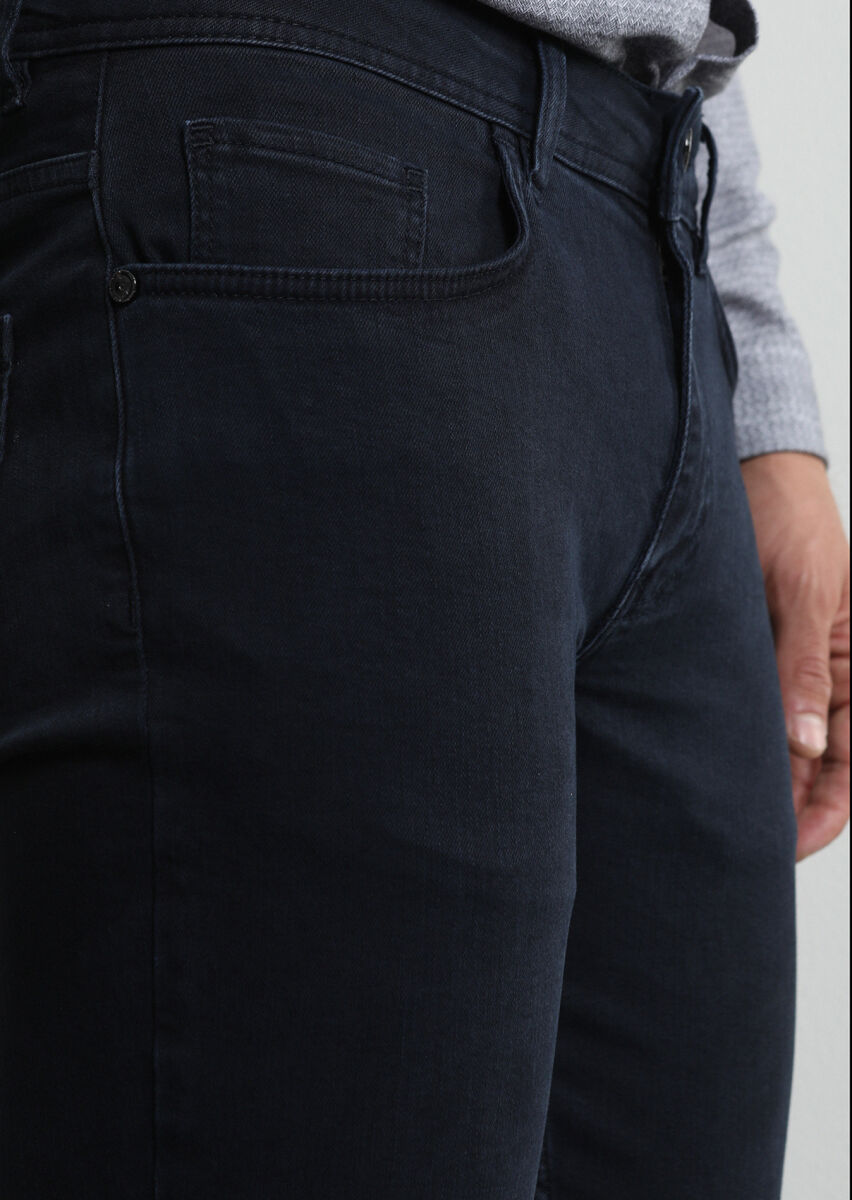 Dark Navyblue Slim Fit Denim Cotton Blended Trousers - 3