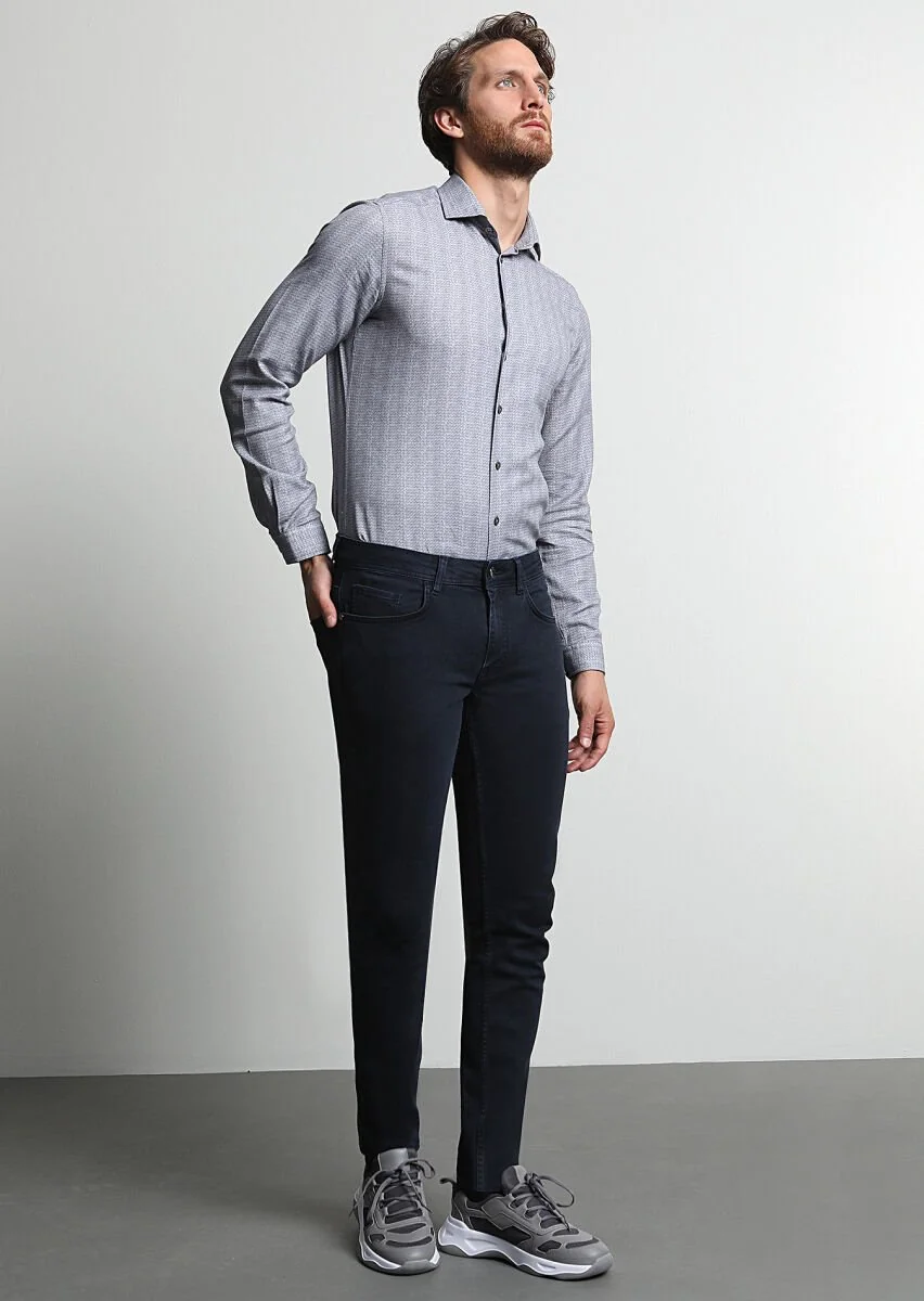 Dark Navyblue Slim Fit Denim Cotton Blended Trousers - 2