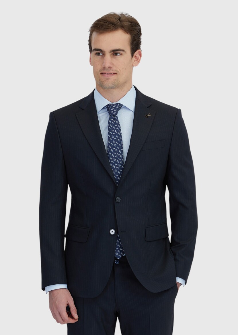 Dark Navyblue Striped Modern Fit Wool Blended Suit - RAMSEY