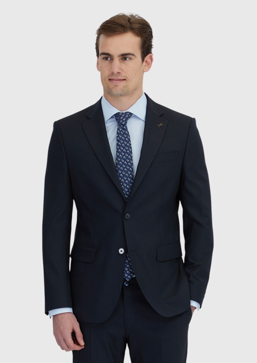 Dark Navyblue Striped Modern Fit Wool Blended Suit - 1