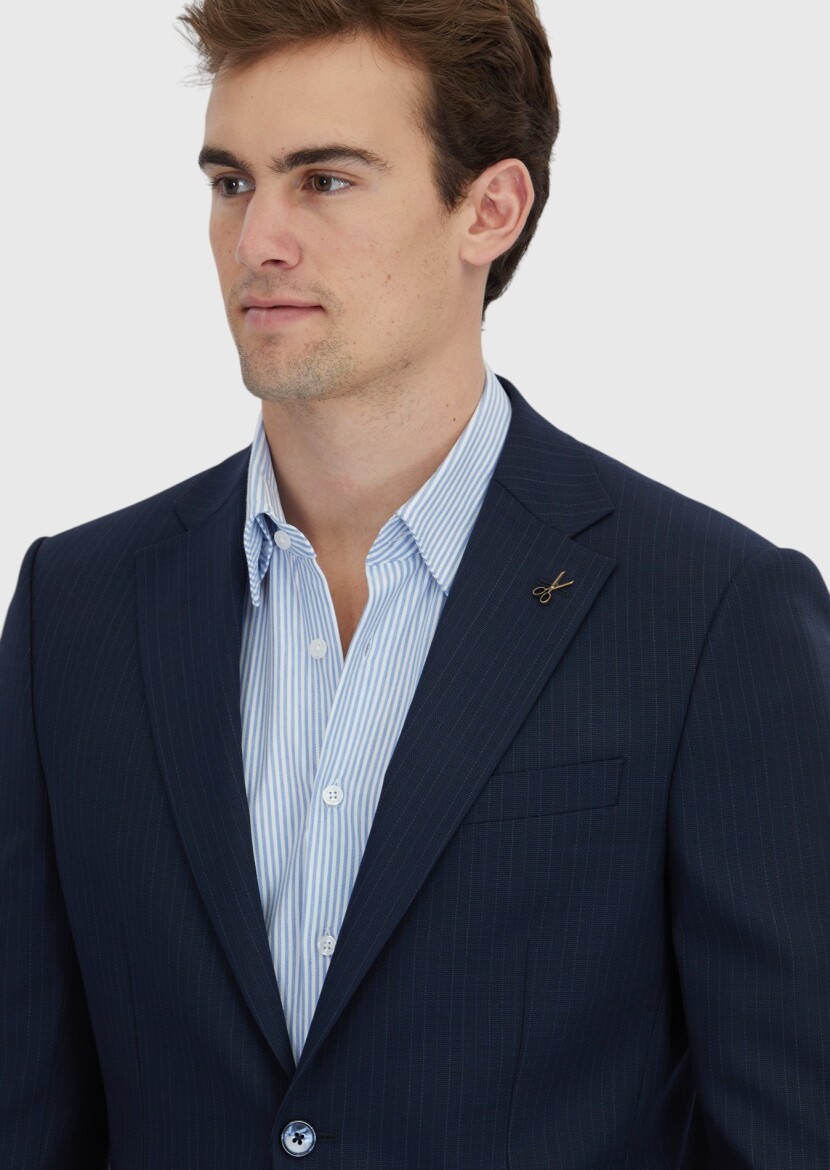 Dark Navyblue Striped Modern Fit Wool Blended Suit - 3