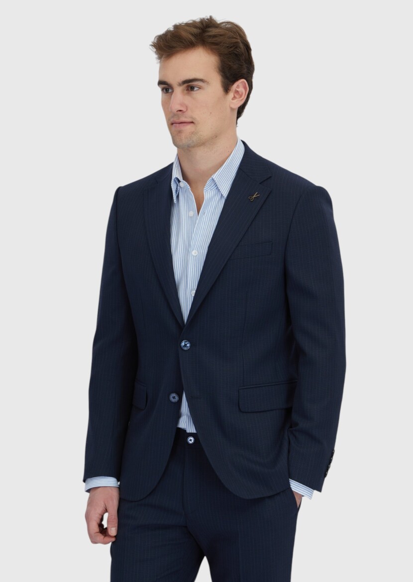 Dark Navyblue Striped Modern Fit Wool Blended Suit - RAMSEY
