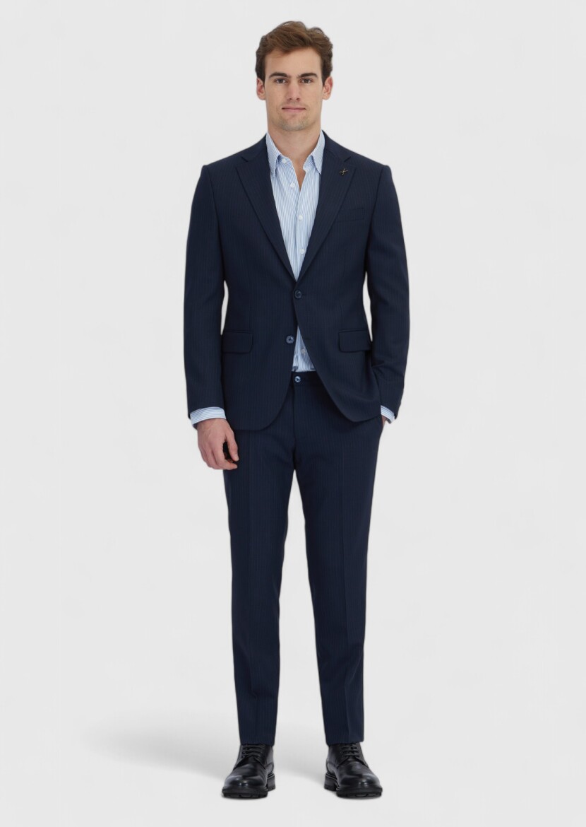 Dark Navyblue Striped Modern Fit Wool Blended Suit - RAMSEY
