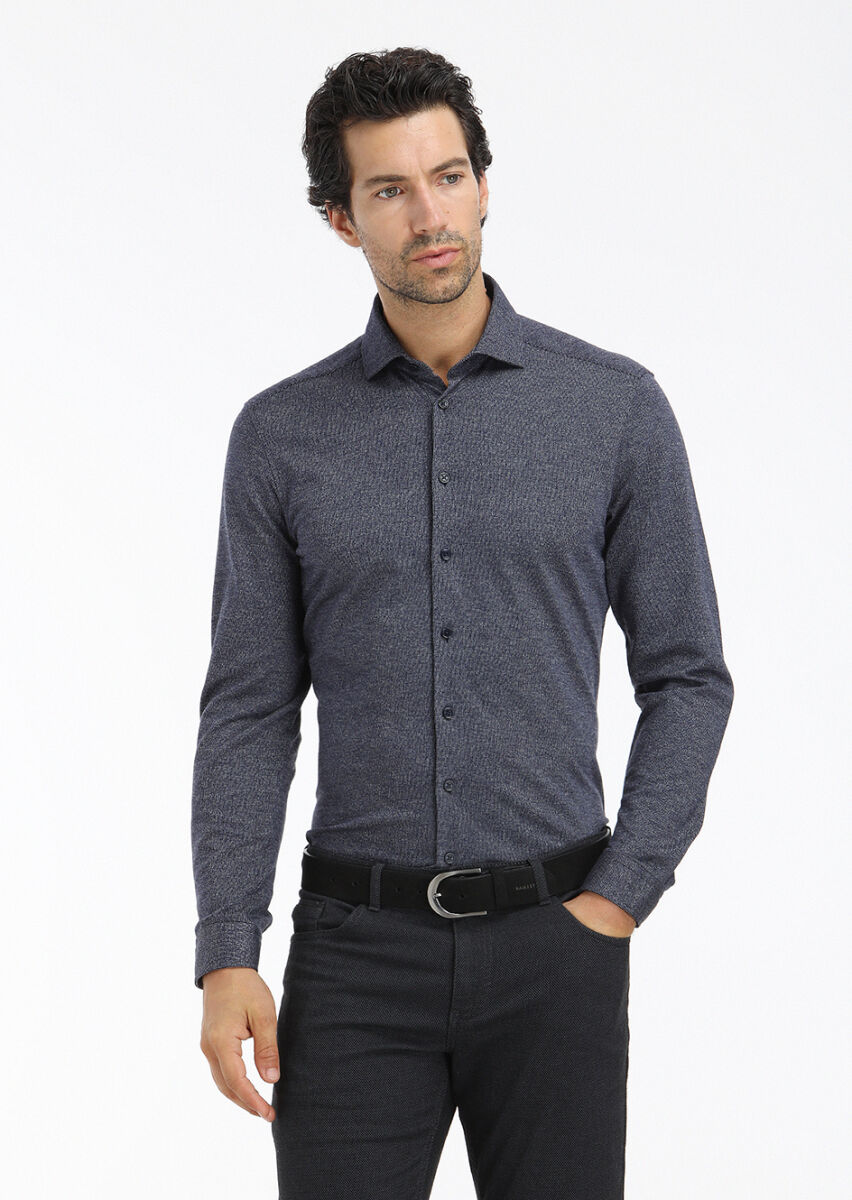 Dark Navyblue Striped Slim Fit Long Knitting Casual Cotton Blended Shirt - 2