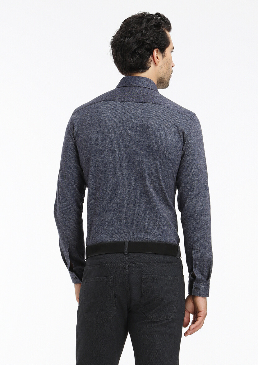 Dark Navyblue Striped Slim Fit Long Knitting Casual Cotton Blended Shirt - 4