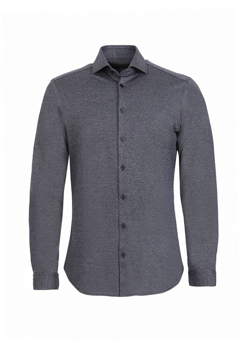 Dark Navyblue Striped Slim Fit Long Knitting Casual Cotton Blended Shirt - 5