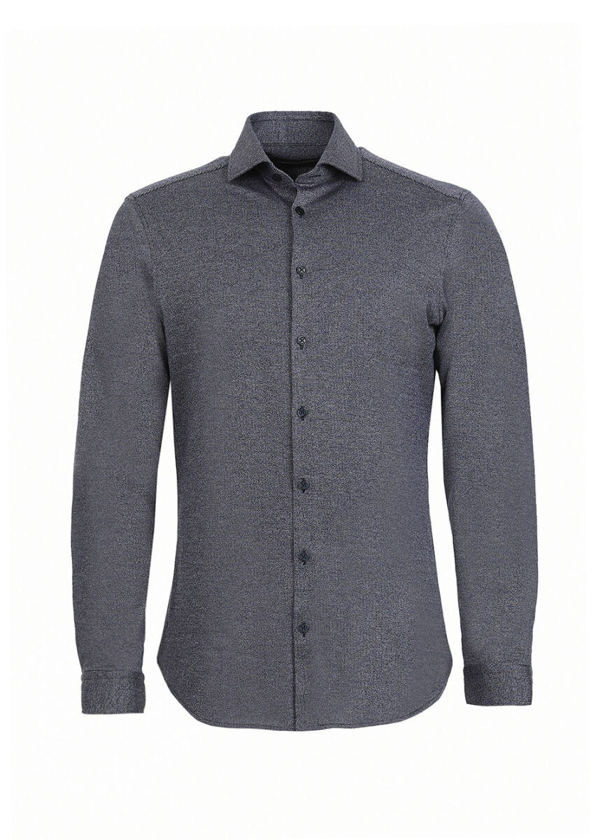 Dark Navyblue Striped Slim Fit Long Knitting Casual Cotton Blended Shirt - 5