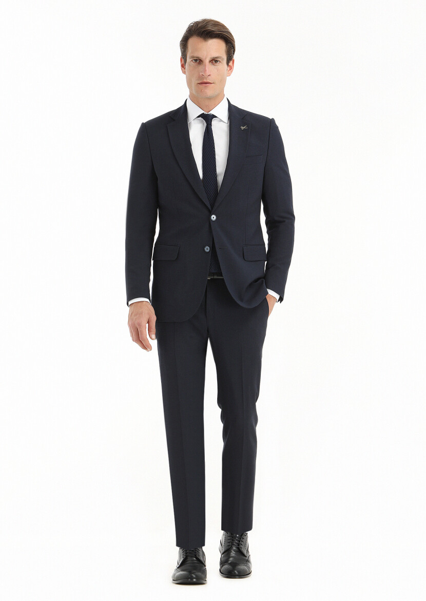 Dark Navyblue Striped Thin&Taller Slim Fit Wool Blended Suit - 1