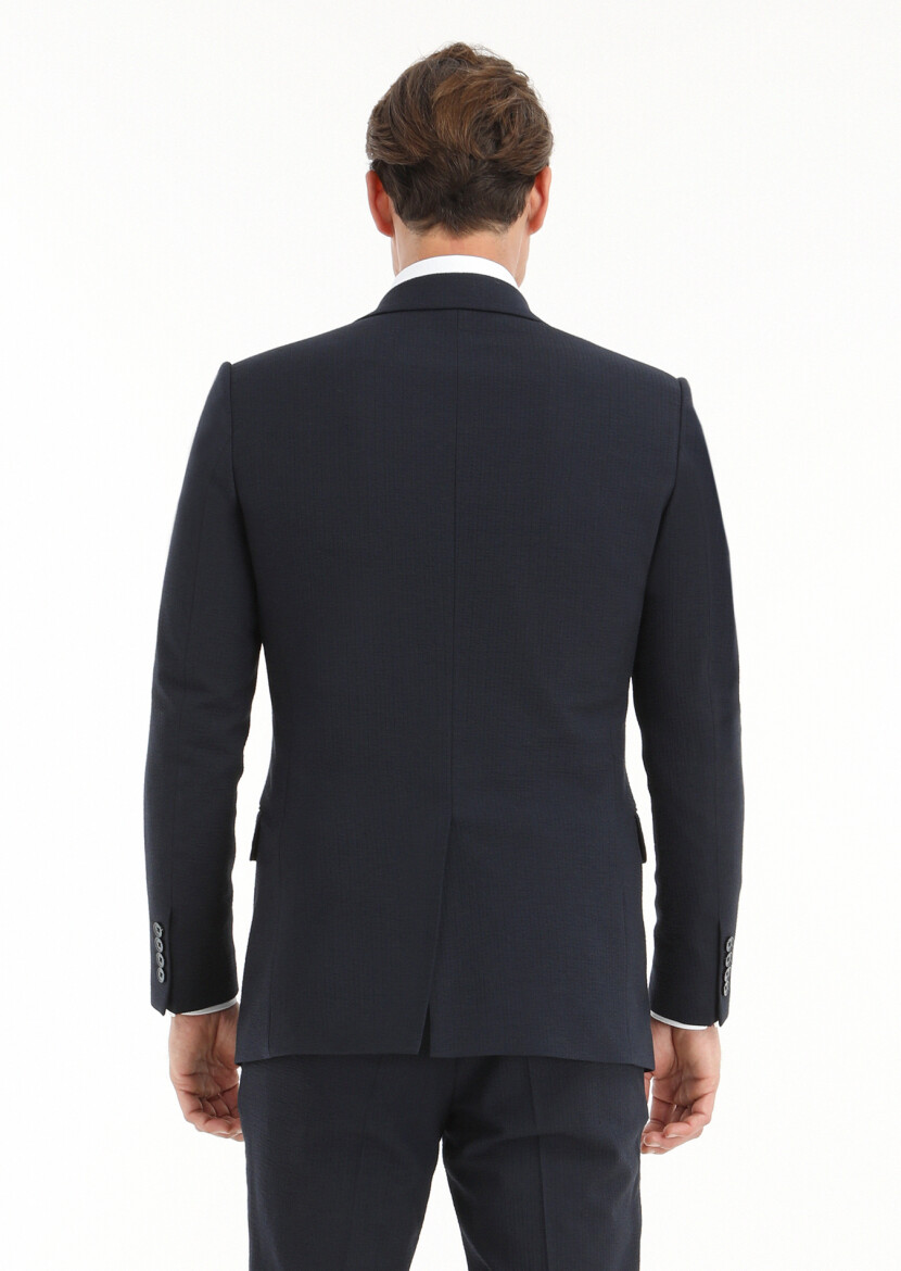 Dark Navyblue Striped Thin&Taller Slim Fit Wool Blended Suit - 3