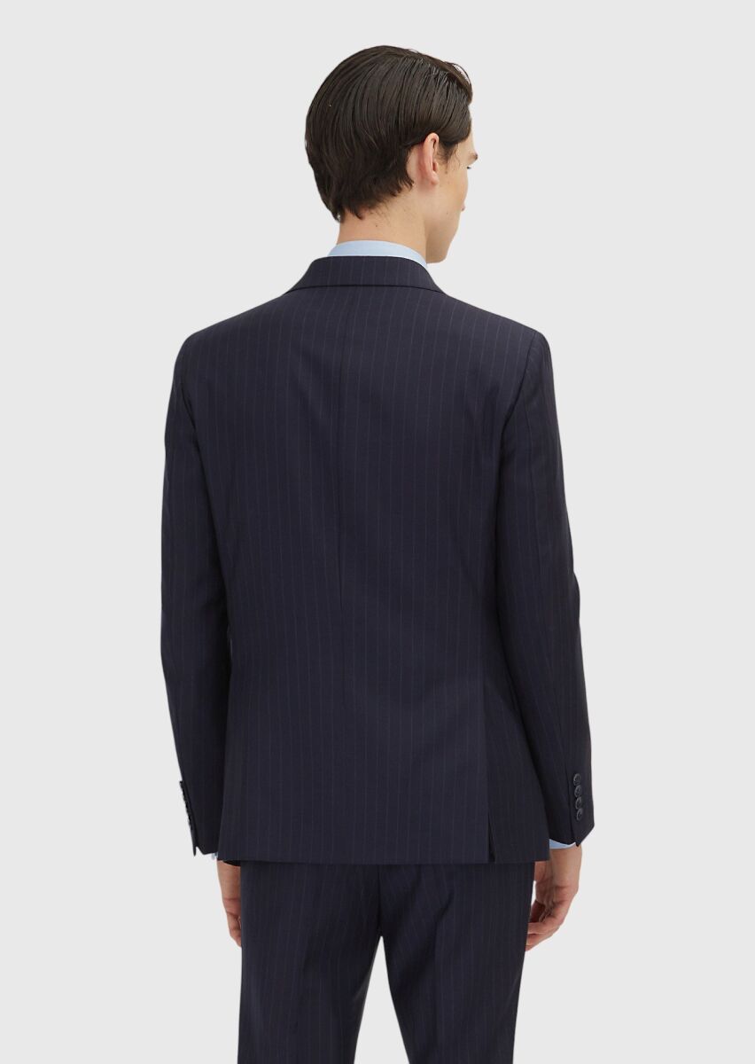 Dark Navyblue Striped Zeroweight Slim Fit 100% Wool Suit - 4