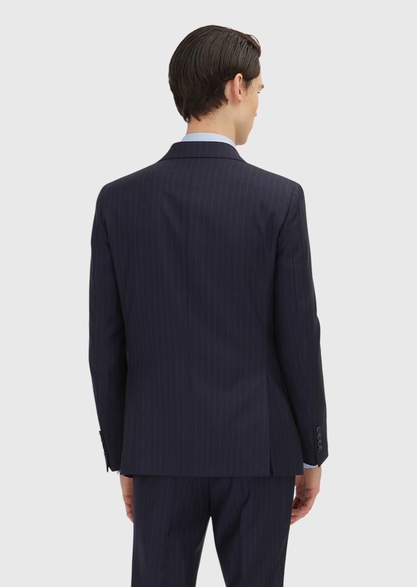 Dark Navyblue Striped Zeroweight Slim Fit 100% Wool Suit - 4